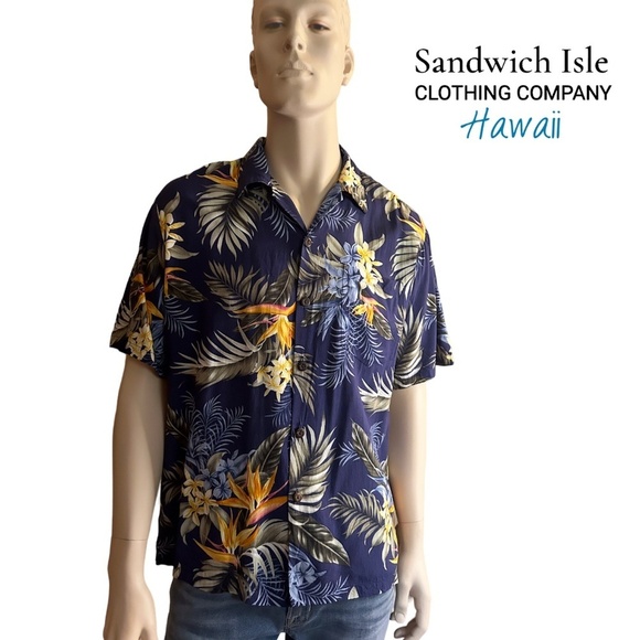 Sandwich Isle Hawaiian Shirt Tiki Button Front 100% Rayon Floral Foliage NWOT - Picture 1 of 11